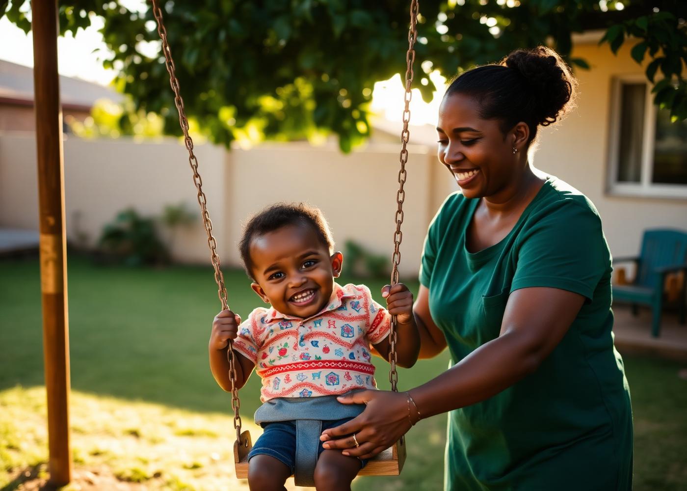 A caring nanny with a child
