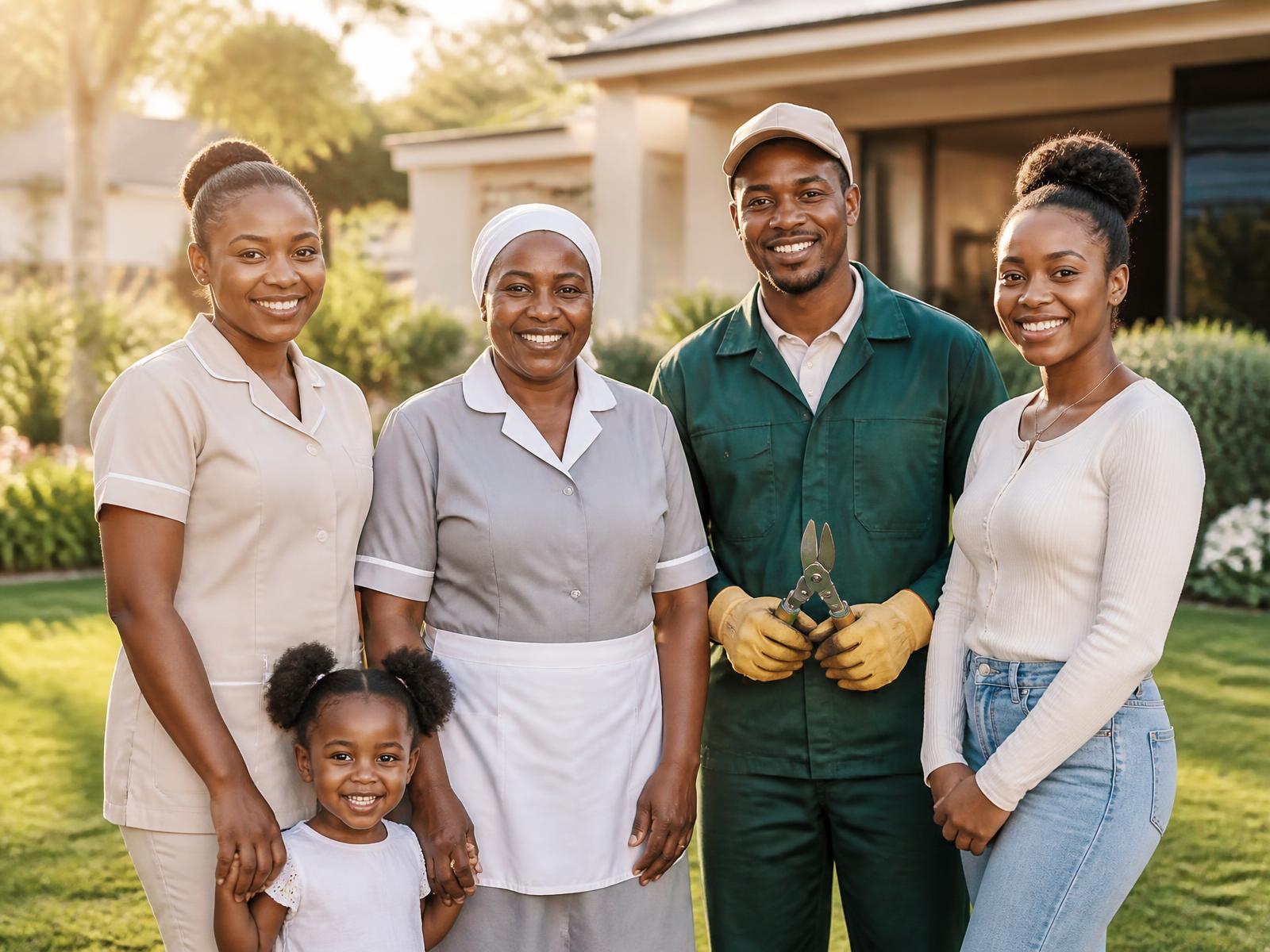 A smiling team of South African household staff — nanny, cleaner, gardener and au pair — standing together in a sunny garden